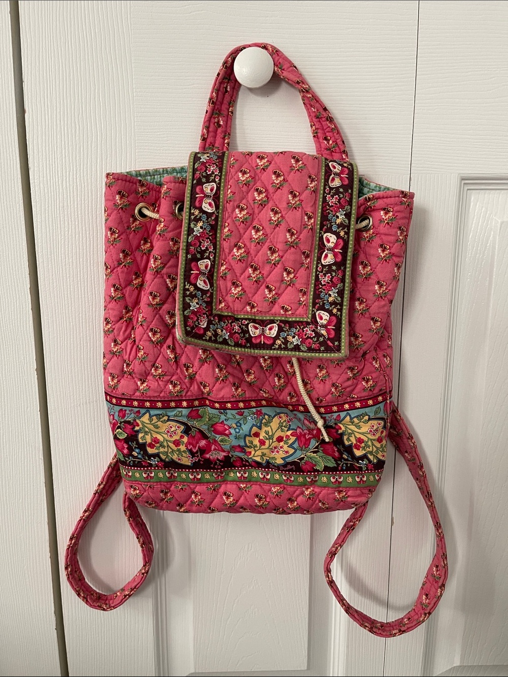 Vera Bradley Hot Pink Quilted Floral Drawstring Backpack with Butterfly Trim